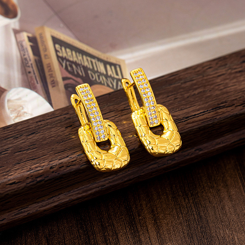 24K Gold Zircon-Inlaid Geometric Square Earrings Women AU999 - 24K forged, AU999 certified,