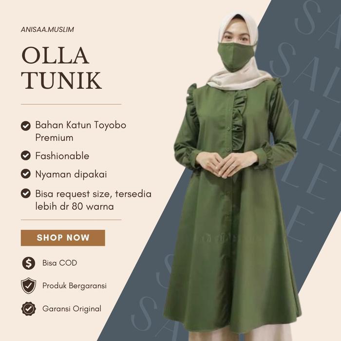 Olla Tunik Panjang Baju Atasan Wanita Muslim Basic Bahan Katun Toyobo Nyaman