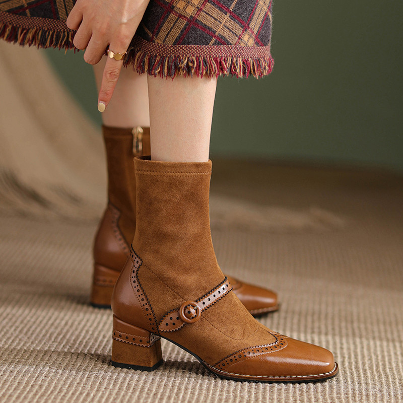 Genuine Leather Mary Jane Women Boots Fashion Retro Buckle Ankle Boots Square Toe Thick Heel