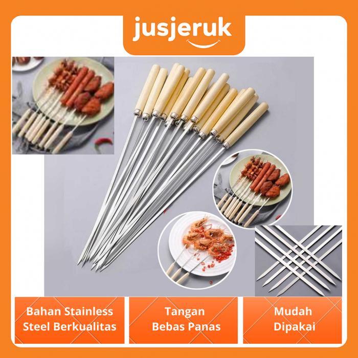 Ini Murah Jfactory Tusuk Sate Stainless Steel Bbq Gagang Kayu Panjang 33Cm Isi 50Pcs Reusable
