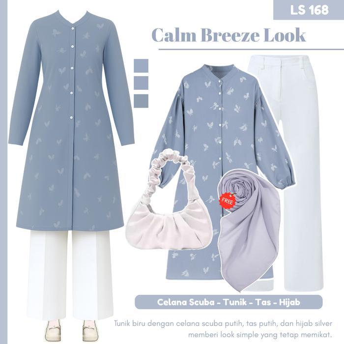 PREMIUM Outfit Hijab Style 1 Set Tunik Motif, Celana, Tas Wanita, Hijab Bella Square LS168