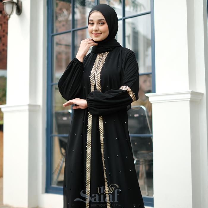 PREMIUM Gamis Hitam Turkey Abaya Arab Resleting Depan Maxi Dress Muslim Wanita Turki - Ziper Renda