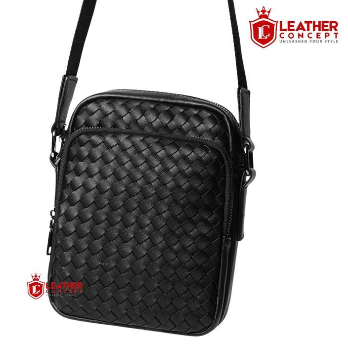 Aerostreet - Leather Concept Dellon Tas Selempang Kulit Pria Tas Kulit Cowok Anyaman Hitam