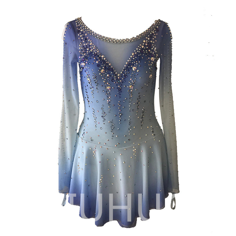 LIUHUO Ice Figure Skating Dress Girls Blue Gradient Women Teens Stretchy Spandex Competition