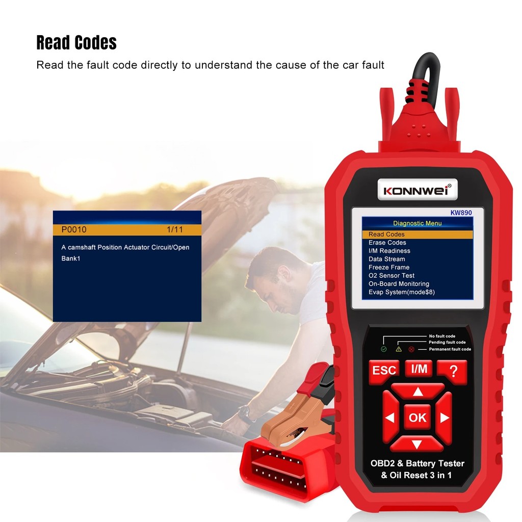 KONNWEI KW890 12V Car OBD2 Battery Tester Analizer Auto Diagnostic Tool Battery Match 3 in 1 Car