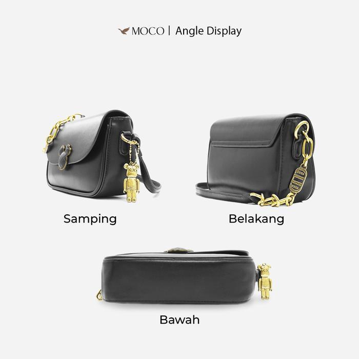 ORIGINAL MOCO Fashion Tas Selempang dengan Tali Kulit dan Rantai Dilengkapi Charm Beruang yang Lucu