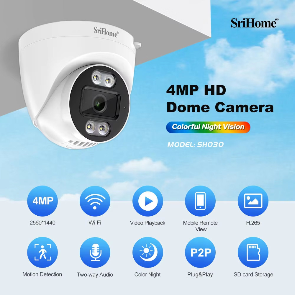 Srihome 4MP Dome IP Camera H.265 Security CCTV Wifi Camera Two Way Audio Alarm Push Onvif Video