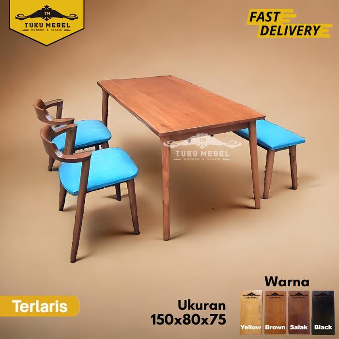 Set Meja Makan Cafe 2 Kursi Minimalis 1 Kursi Panjang 150 x 80 x 75 Cm