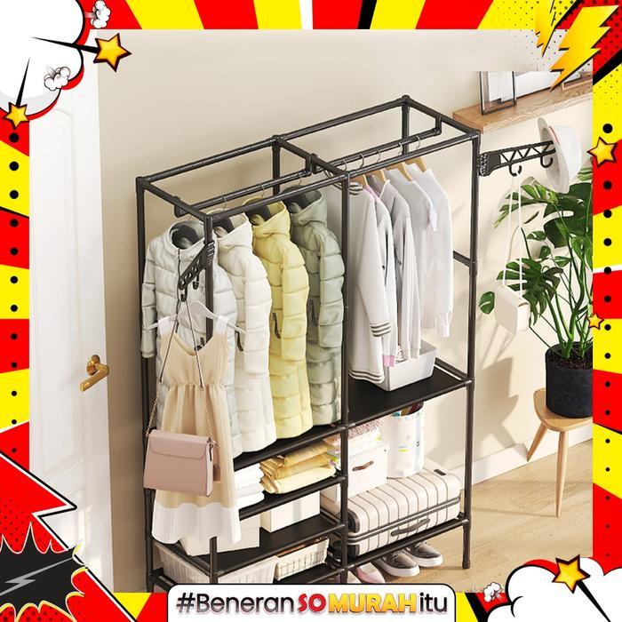 Rak Baju Gantung Minimalis 2 Sekat Lemari Pakaian Gantungan Tas Topi Praktis Terbuka