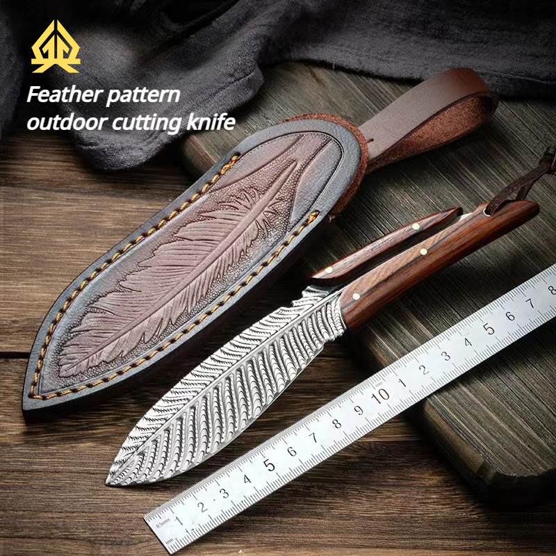 XTL feather pattern fruit knife, damascus steel forging knife, outdoor self-defense knife rope cutti