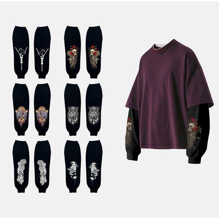 Manset Baju Kaos MotifManset Motif Lengan Panjang Mangset Baju Double Layer Pria Wanita Populer