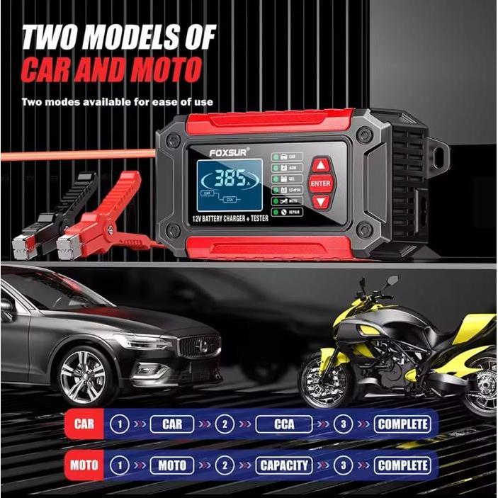 2IN1 SMART CHARGER FOXSUR BATTERY TESTER DETECTOR 12VOLT FOXSUR FTC-1206 CHARGER AKI + TESTER
