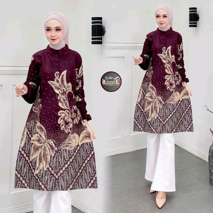 Tunik Batik Wanita Modern Atasan Fashion Baju Muslim Wanita Tunik Batik Batik Wanita Lengan Panjang