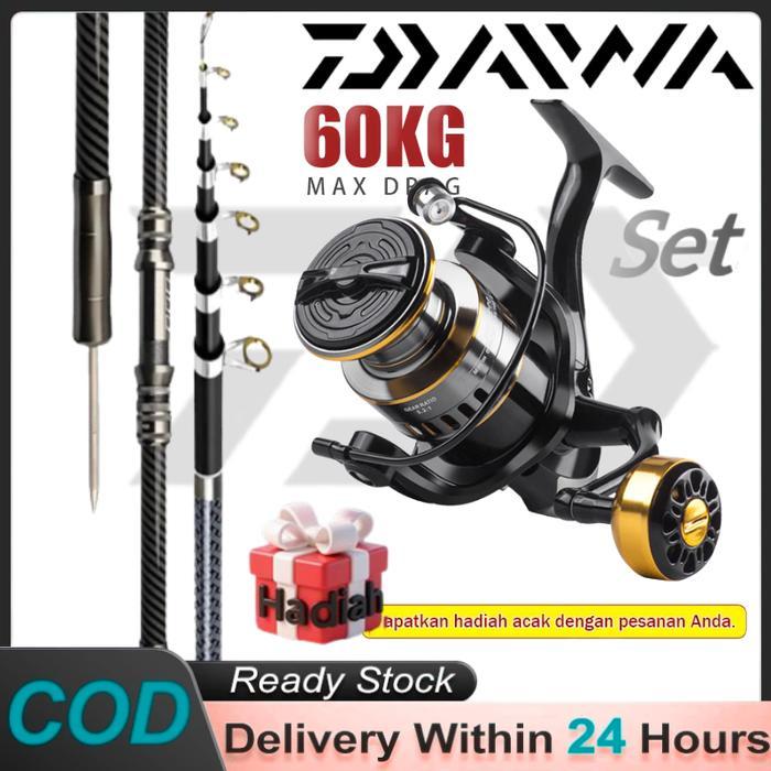 DAIWA Set Joran Laut Rod & Reel Spinning Spul Logam Telescopic 2.1M-4.5M Double Grip Metal Pancing