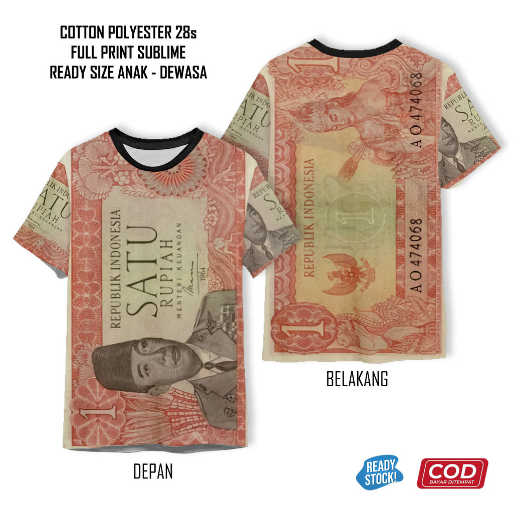 Kaos Uang Jadul Kuno Satu Rupiah 1 Full Printing Keren | Baju 3D Anak dan Dewasa Unisex - Waanstore