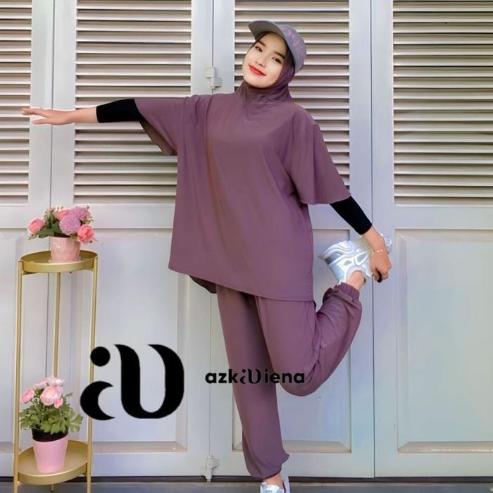 Azkadiena Baju Kaos Setelan Olahraga Neira Wanita Muslimah Polos One Set Jilbab Premium Sporty Baju