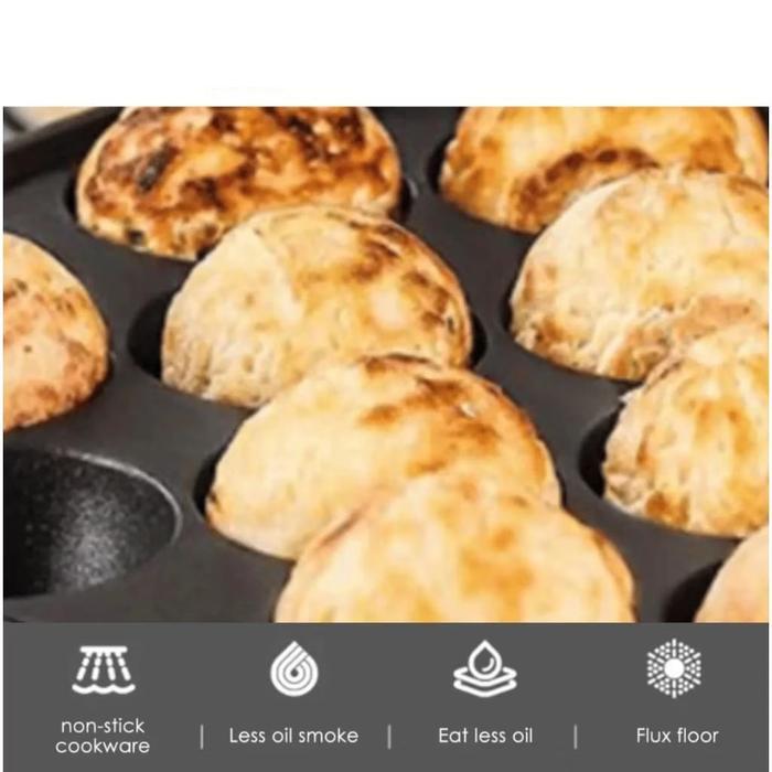 Snackmaker Cetakan Takoyaki 15 Lubang Cekung Anti Lengket Plus Tutup Kaca Alumunium Casting Diameter