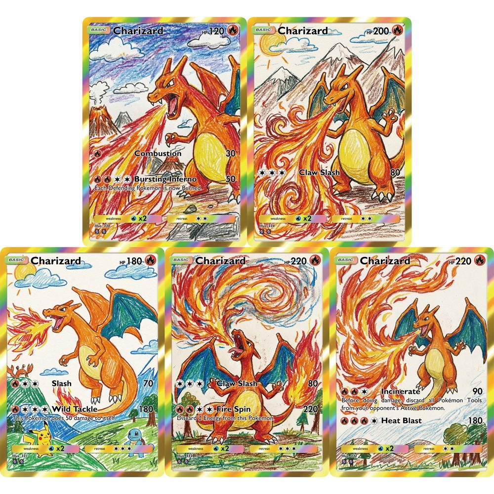 5Pcs Pokemon Cards Charizard Children Drawing Style PTCG Game Cards Rainbow Holo Rare Collectible