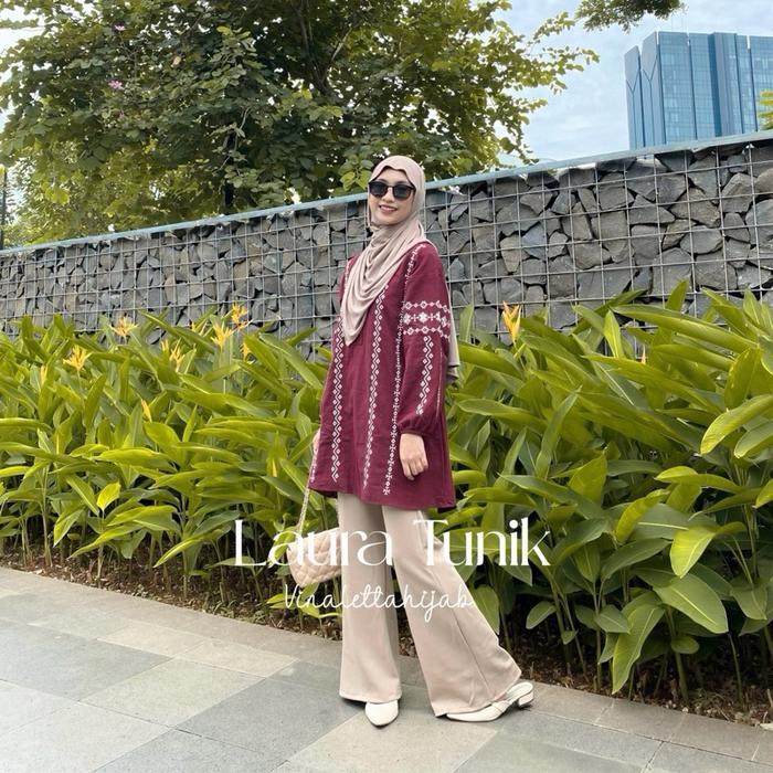 PREMIUM Laura Tunik Tunic atasan raya lebaran Idul fitri Ethnic Cantik Linen Muslim Panjang Wanita