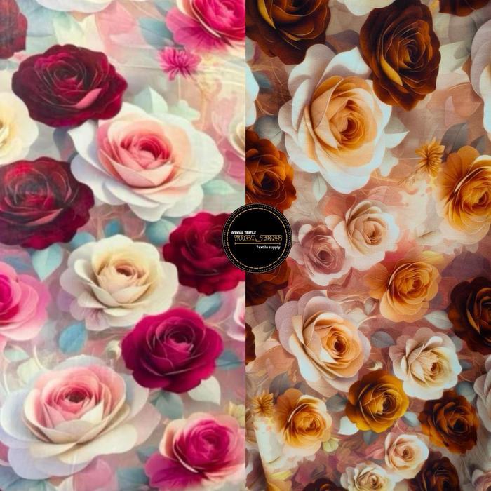 KAIN RAYON MOTIF BUNGA MAWAR BESAR VISCOSE PREMIUM - HARGA 0,5 METER