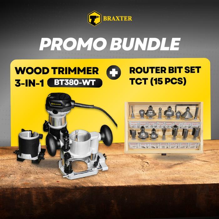 [Bundle] Wood Trimmer 3 Dudukan Bt380Wt + Router Bit Set Tct 15 Pcs Komplit