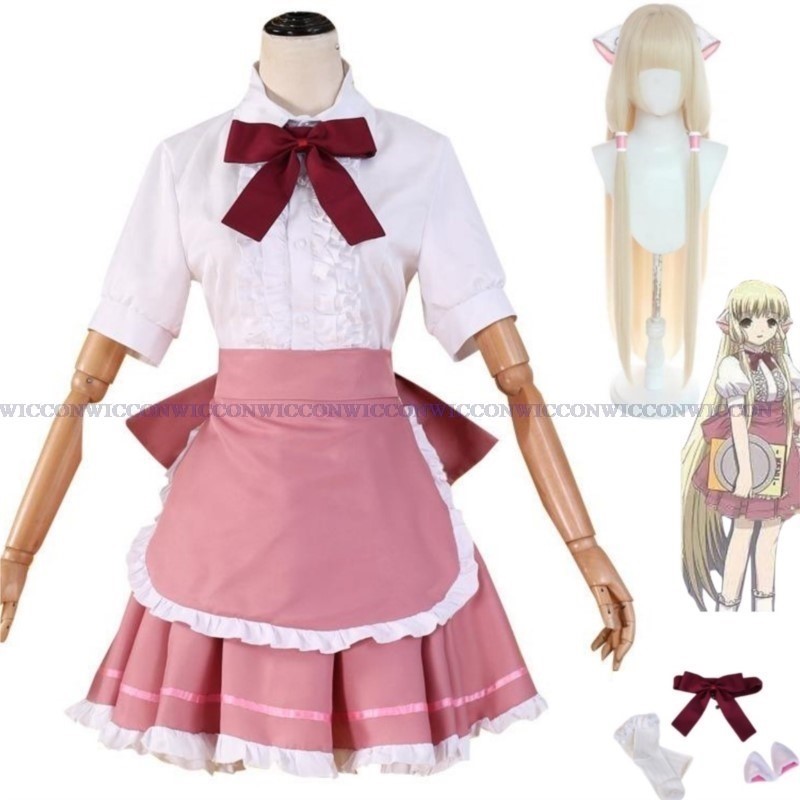 Anime Chobits Chi Cosplay Costume Chi Wig Pink Maid Dress Lolita Accessories Woman Sexy Kawaii