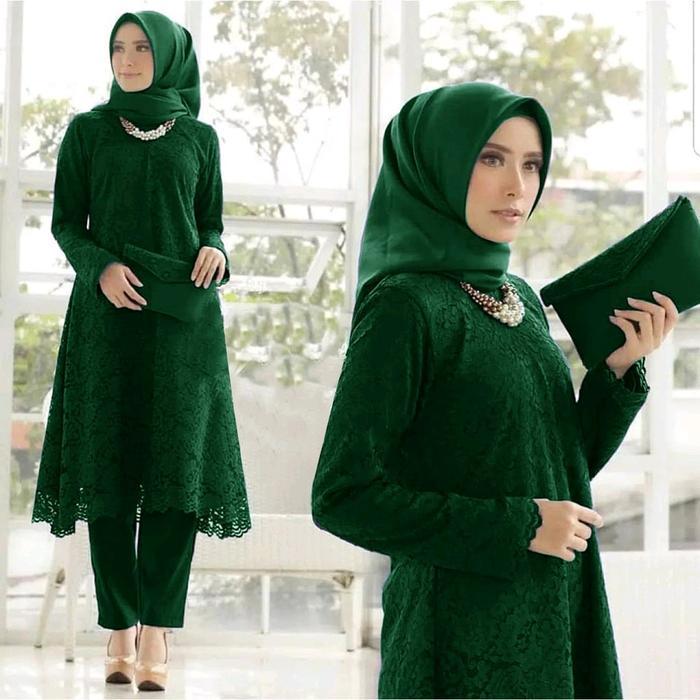 "New" 4 ukuran M L XL XXL / setelan tunik brokat mewah + celana panjang polos / set pesta cantik