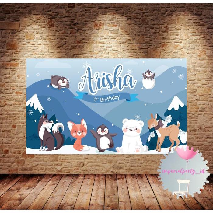 Custom Happy Birthday Backdrop Banner Spanduk Animal Winter Wonderland