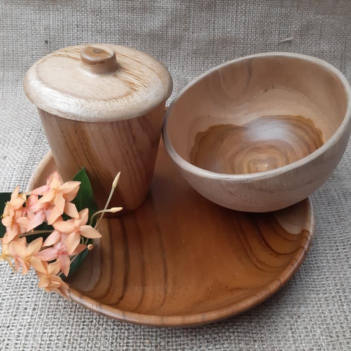 Set Alat Makan Kayu Jati / Piring, Gelas, Mangkok Kayu Kualitas Export