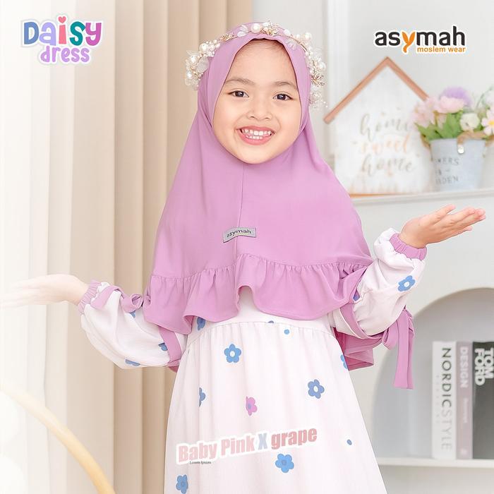 ORIGINAL Baju Gamis Anak Muslim Set Jilbab Daisy Series Bahan Mango Crinkle Nyaman Warna Baby Pink