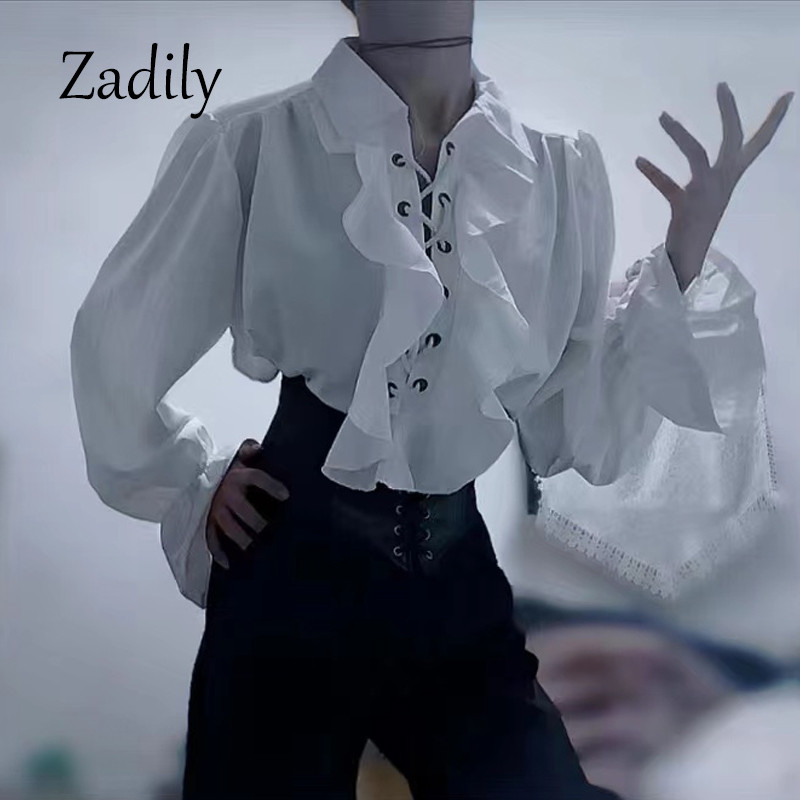 Women'S Victorian Gothic Blouse Ruffled Lace Up Shirt Long Sleeve Vintage Renaissance Style Top For