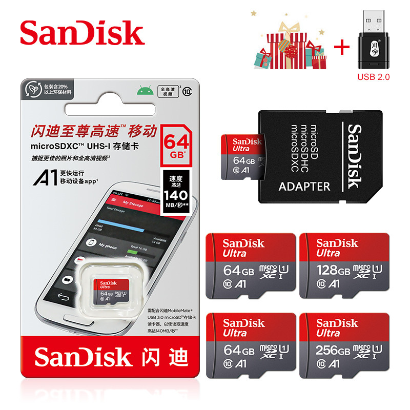 100% Original SanDisk Micro tf Card 256GB 128GB 64GB 32GB A1 Class 10 Memory Card UHS-1 TF Flash