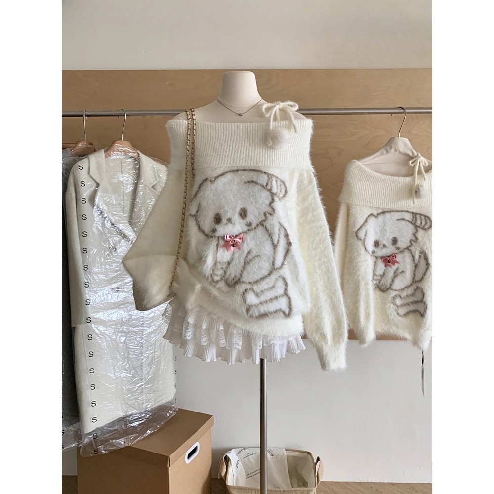 Fall Winter Women Sweet Korean Girl Slash Neck Cuddly Sweater Long Sleeve Pullovers 2000s Aesthetic