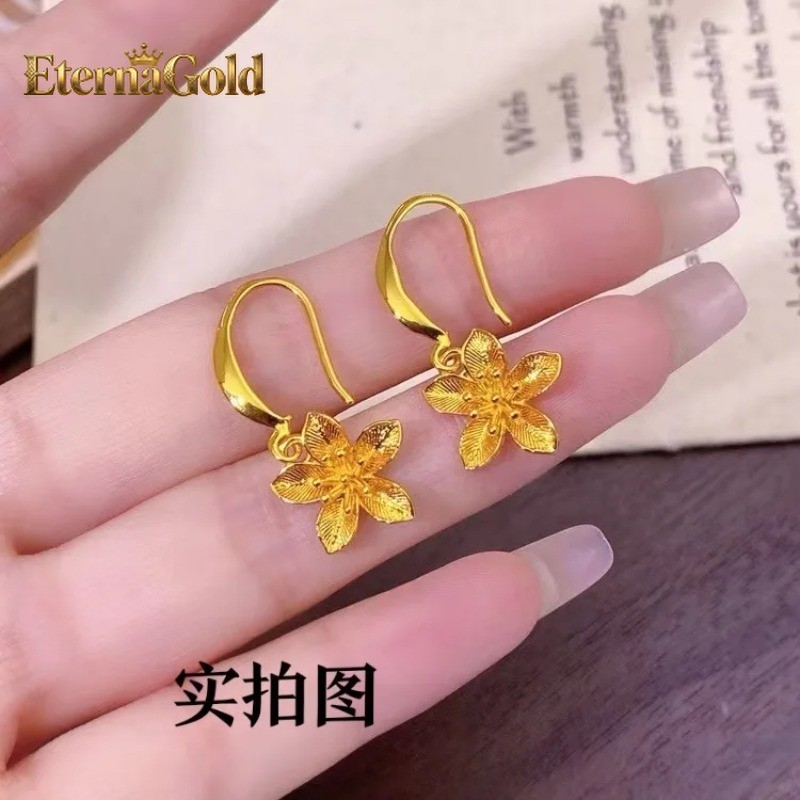EternaGold Happy Wedding Three-Life Flower Earrings AU999 Women's 24K Gold - Pure AU999, layered