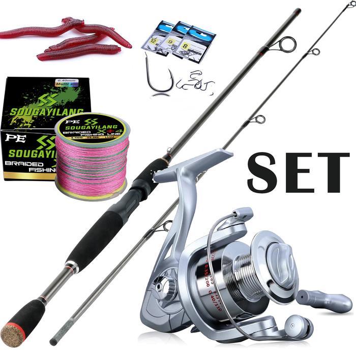 Joran pancing 1,8M, gulungan pancing 4BB, tali pancing PE 150m, set alat pancing putar dengan umpan,