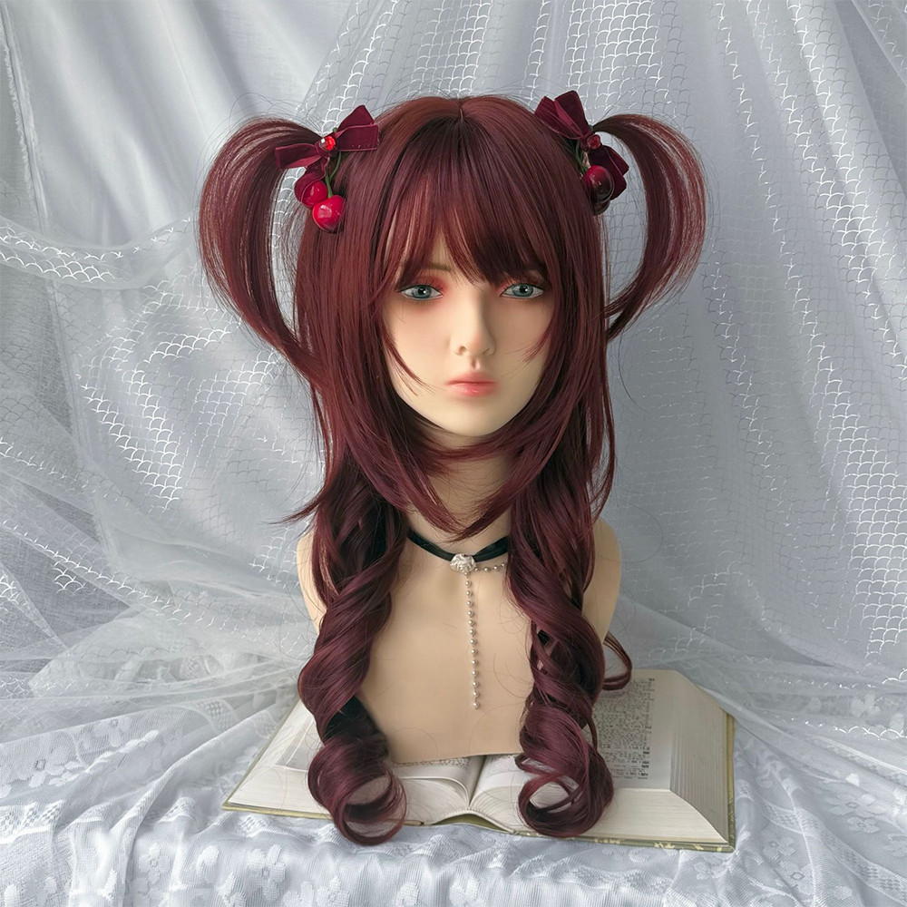 Wine Red Fiber wig with Bangs Medium Long Straight Hair with Cute sweet Lolita Wigs for Women