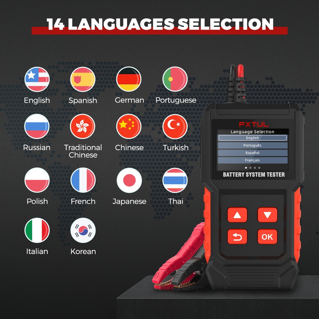 FXTUL BT50 Motorcycle Battery Tester Dual-Conductor Charging Scanner With 2.4 inch LCD Display