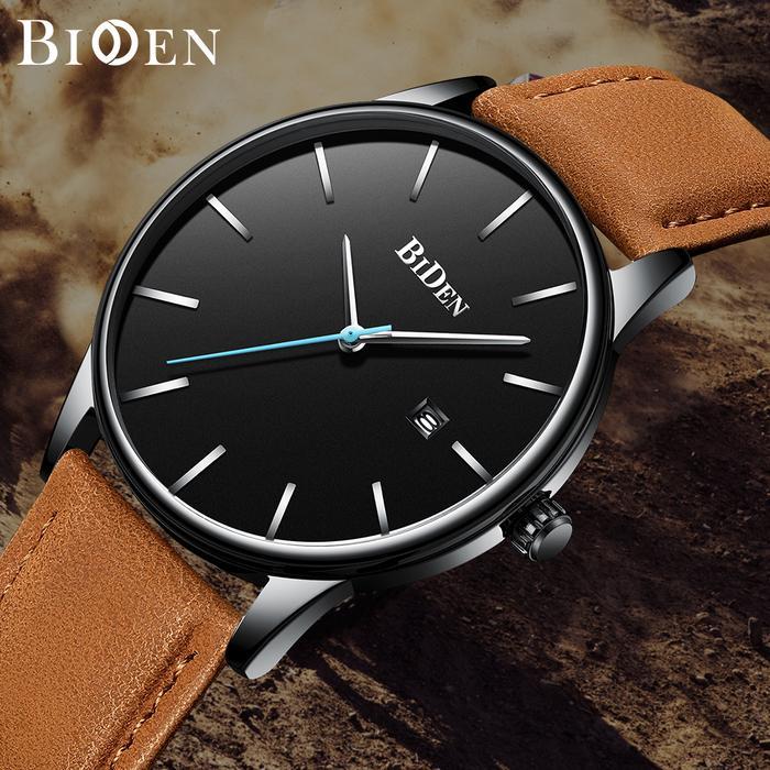 BIDEN Jam Tangan Pria Anti Air Santai Olahraga Kuarsa Jam Tali Kulit Otomatis Date Original YN0169