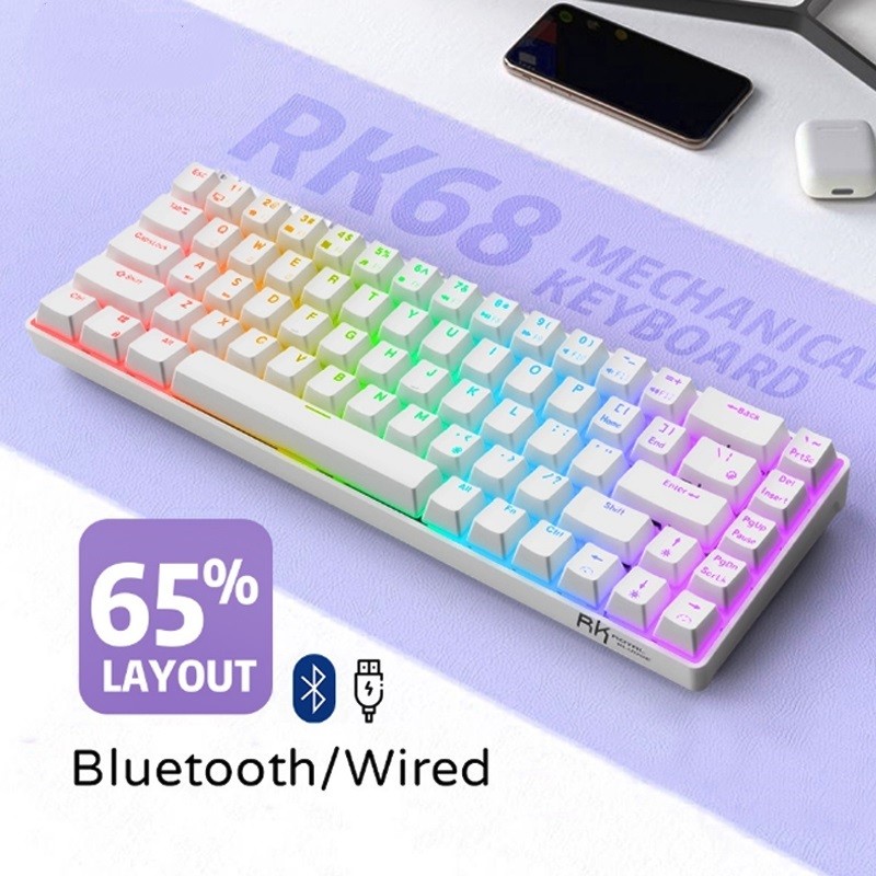 New RK68RK855 /RK71 RGB Wireless 65% Compact Mechanical Keyboard, 68/71 Keys 60% Bluetooth Hot Swapp