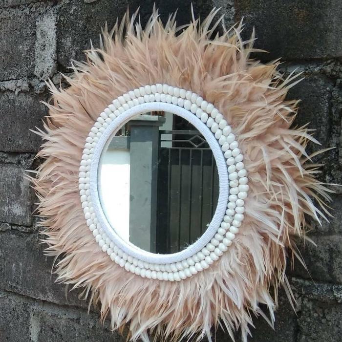 juju bulu ayam cermin ukuran 50 cermin 30 cm warna coklat hiasan dinding Kaca