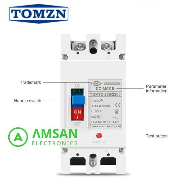Dc Mccb Tomzn 2P 600V 250A Overload Protection Switch Protector