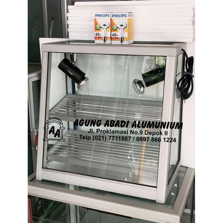 Etalase ayam fried chicken 2 rak pipa dengan 2 lampu pemanas ayam 60 watt miring