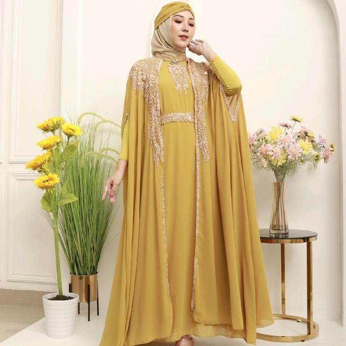 zeni AYJONA - KAFTAN AMEENA BORDIR 2 LAYER - SET INNER GAMIS TURBAN DAN BELT BORDIR - DRESS KAFTAN