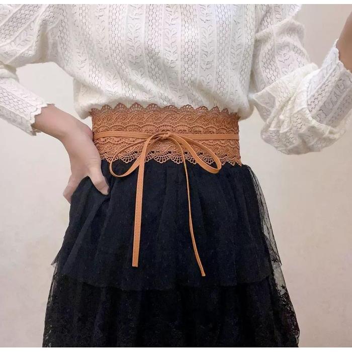VENDI - Ikat Pinggang Wanita Sabuk Lebar Belt Fashion Korea Obi Lebar Kulit Renda Black Pink