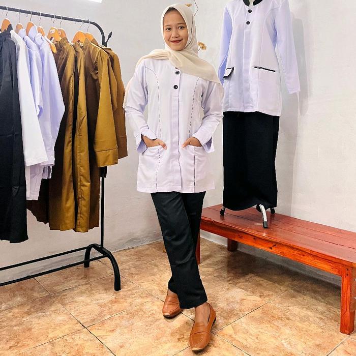 Setelan Seragam Baju PDH Putih Model Benang Timbul Wanita Atasan Kerja Dinas PNS Cewek Model Saku