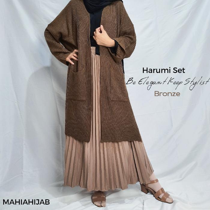Kiran Harumi Set (Long Cardigan + Rok Plisket) korean style outfit by mahiahijab