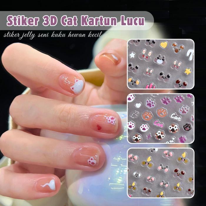 Stiker Kuku 3D Motif Hewan Kartun Lucu/Stiker Jelly Nail Art Relief Cat Claw Gaya