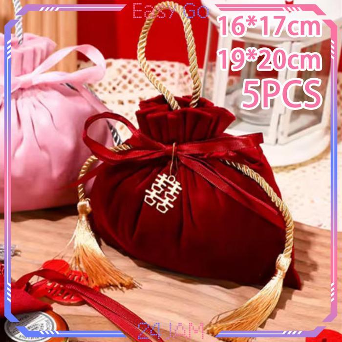 Isi 5pcs Pouch Souvenir Wedding Pouch Serut Satin Candy Pouch Satin Tas Serut Souvenir Pouch Wedding