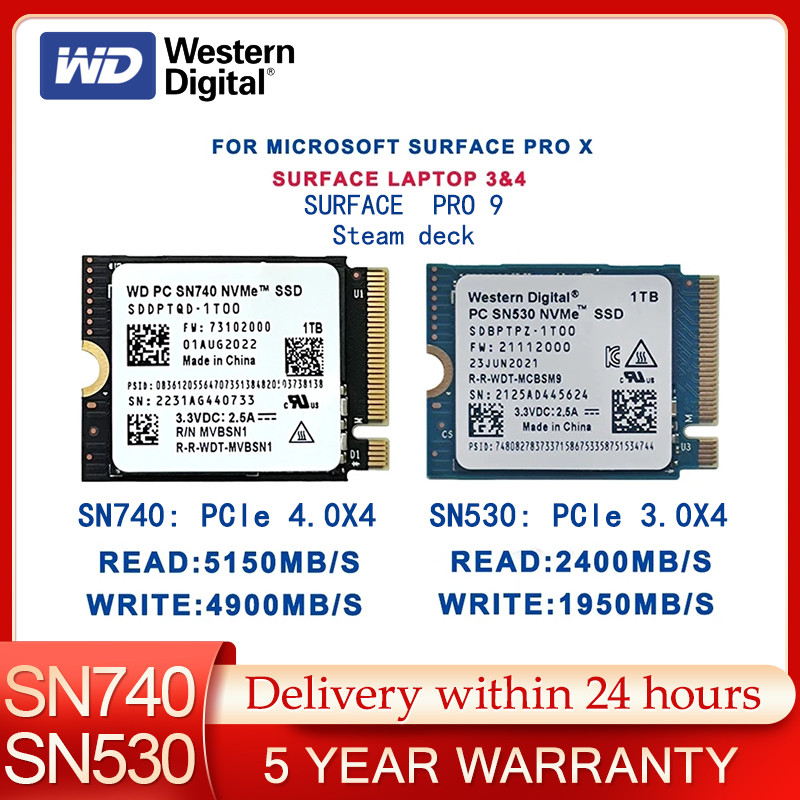 Western Digital WD SN740 SN530 M.2 2230 SSD 1TB 2TB 512GB NVMe PCIe Gen4 x4 for Microsoft Surface