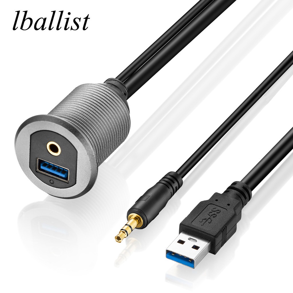 lballist Flush Mount Panel USB 3.0+3.5mm Jack Male to Female Extension Dashboard Cable Aluminum